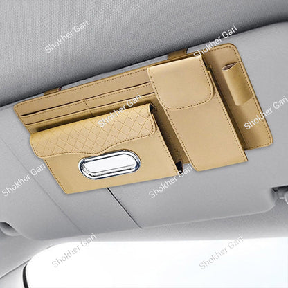 Car Visor Organizer  Multi-Pocket Tissue Box Holder with Zipper Pouch for Documents and Sunglasses -