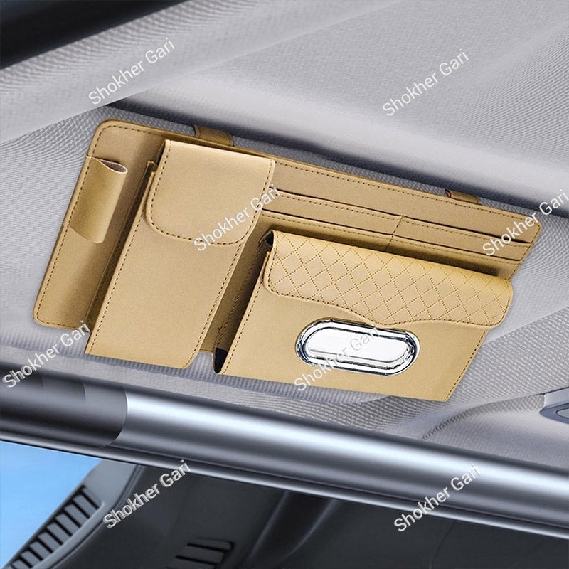 Car Visor Organizer  Multi-Pocket Tissue Box Holder with Zipper Pouch for Documents and Sunglasses -