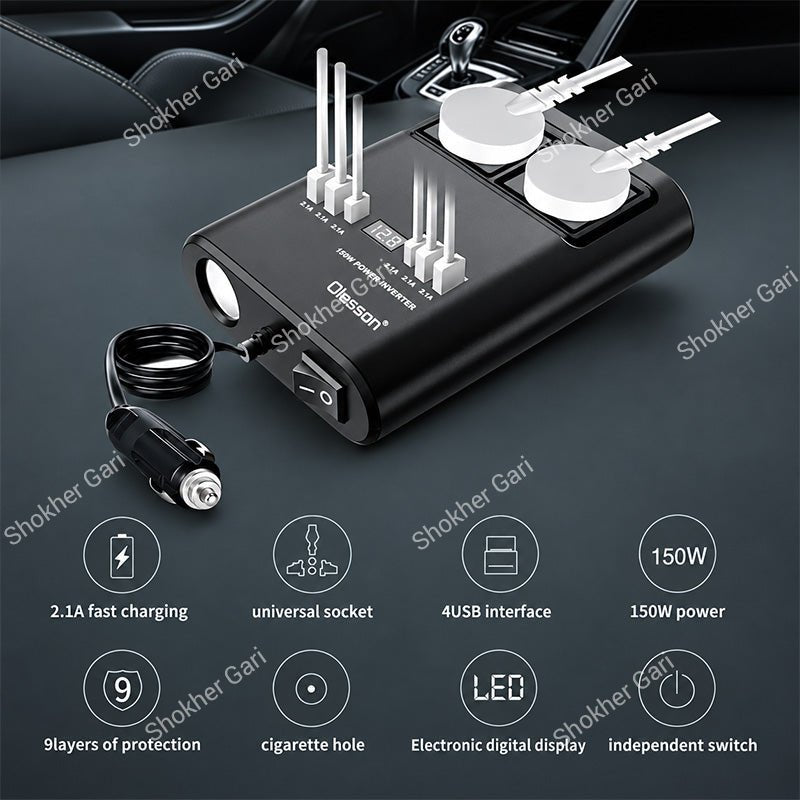 Car 150W Multi-Port Power Inverter with Dual AC Sockets and Digital Display