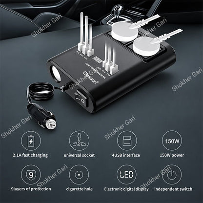 Car 150W Multi-Port Power Inverter with Dual AC Sockets and Digital Display