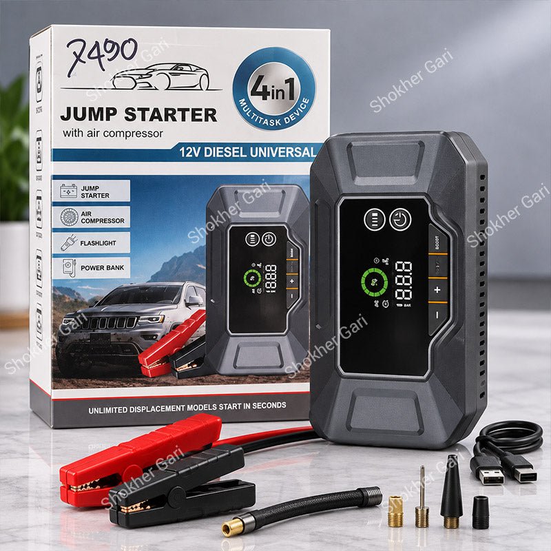 Car 4-in-1 Portable Jump Starter with Air Compressor Power Bank and Emergency LED Flashlight