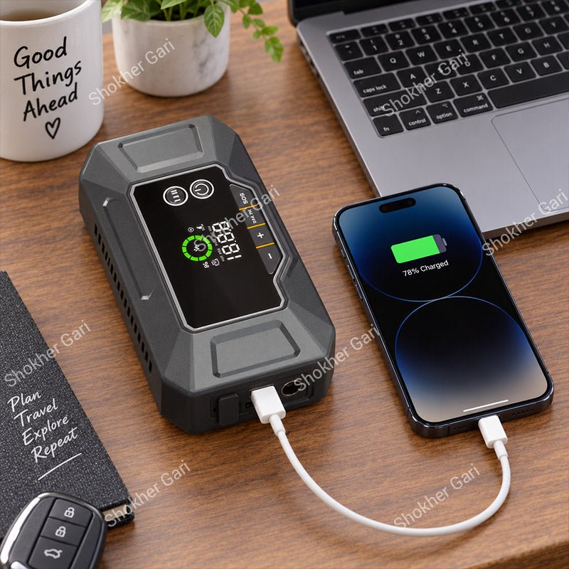 Car 4-in-1 Portable Jump Starter with Air Compressor Power Bank and Emergency LED Flashlight