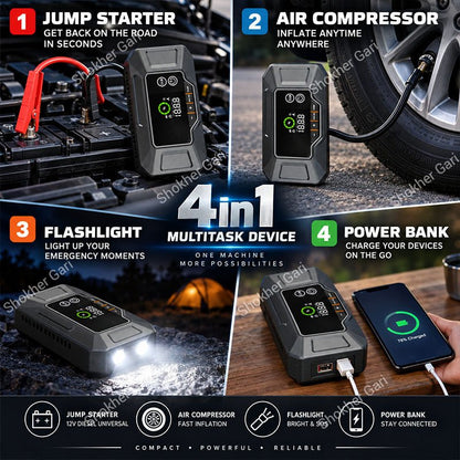 Car 4-in-1 Portable Jump Starter with Air Compressor Power Bank and Emergency LED Flashlight