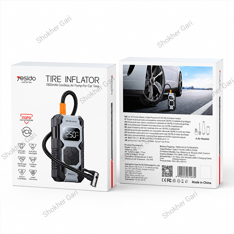Car Yesido VC12 150PSI Cordless Tire Inflator with 7800mAh Battery Digital Display and LED Light