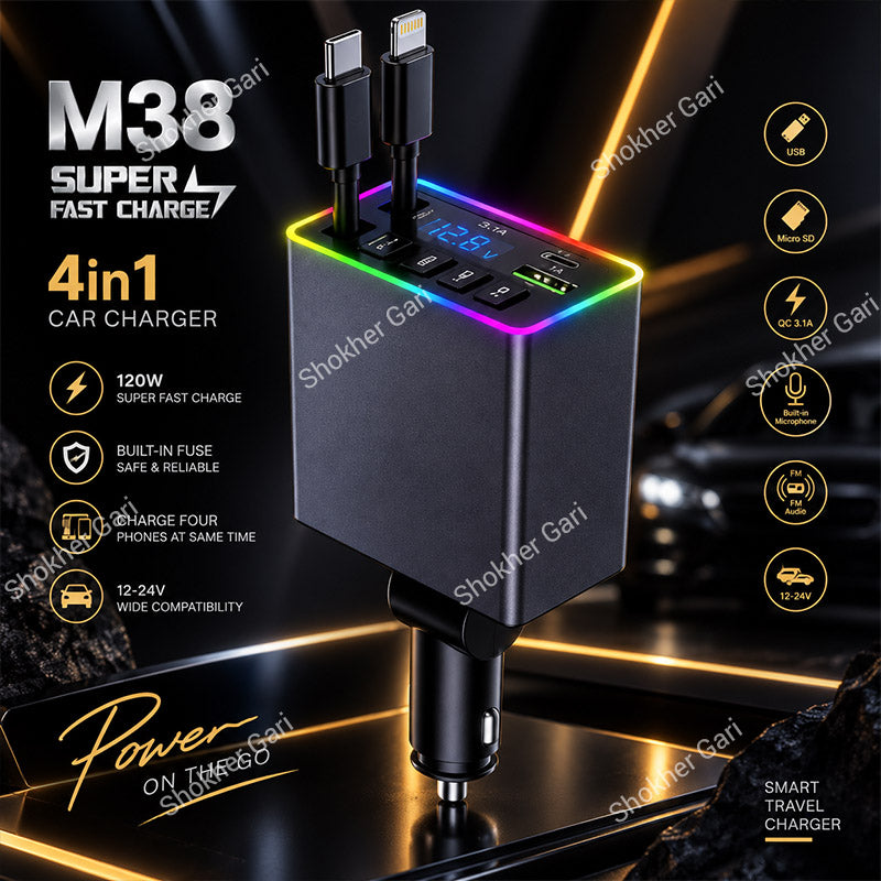 Car M38 120W 4-in-1 Super Fast Charger with Dual Built-in Cables