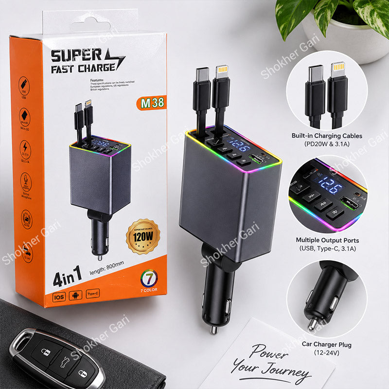 Car M38 120W 4-in-1 Super Fast Charger with Dual Built-in Cables