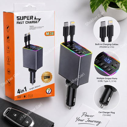 Car M38 120W 4-in-1 Super Fast Charger with Dual Built-in Cables