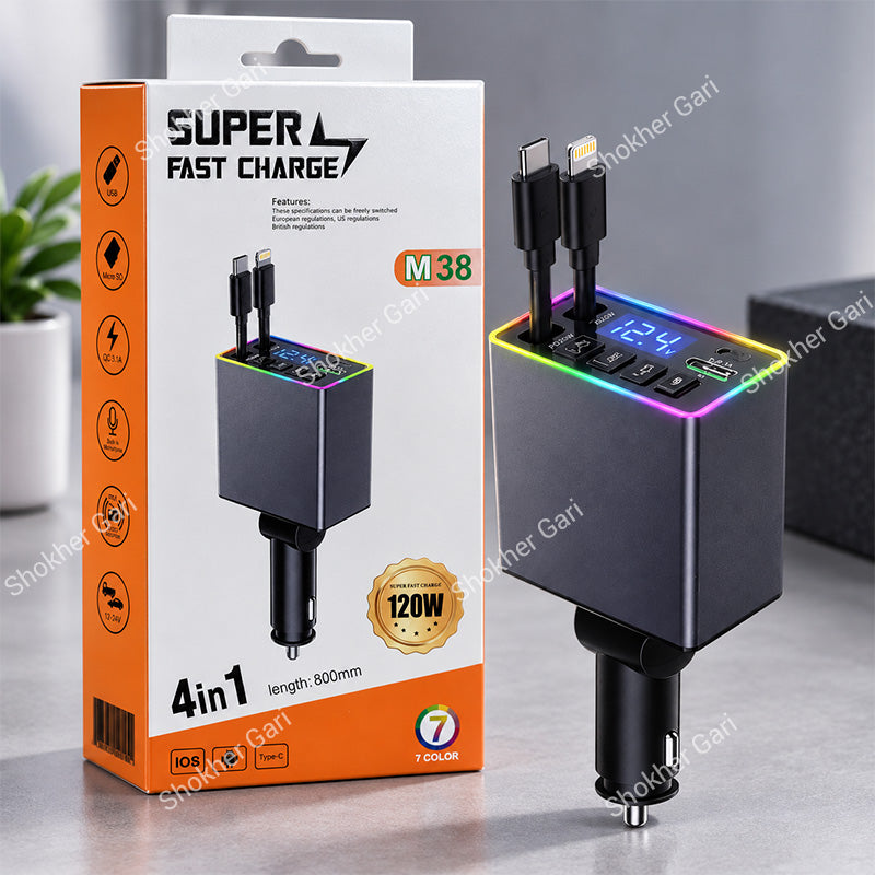 Car M38 120W 4-in-1 Super Fast Charger with Dual Built-in Cables