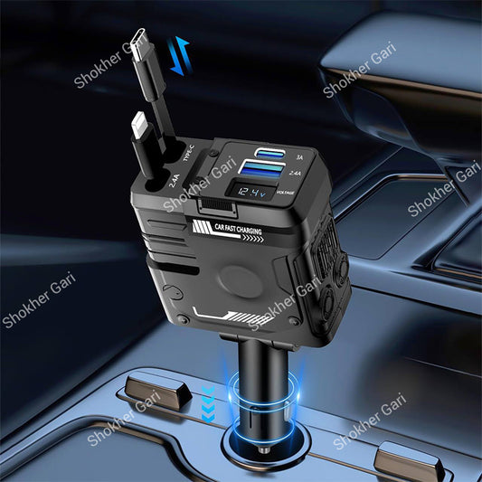 Car 4-in-1 Fast Charging Adapter with USB, Type-C, PD and Digital Voltage Display