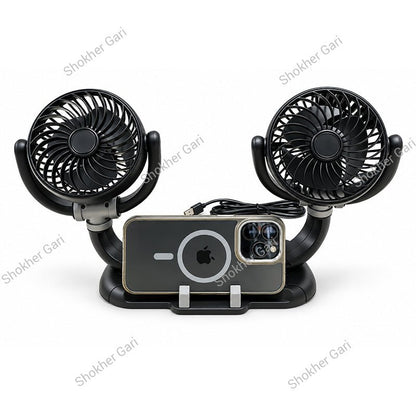 Car Dual Head USB Cooling Fan with Adjustable Phone Holder and 360° Rotatable Airflow Design
