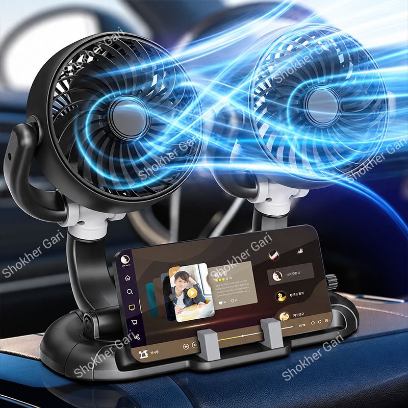 Car Dual Head USB Cooling Fan with Adjustable Phone Holder and 360° Rotatable Airflow Design