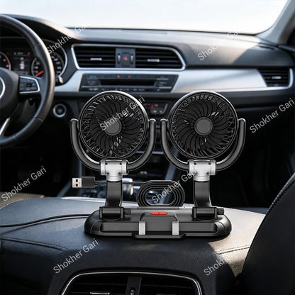 Car Dual Head USB Cooling Fan with Adjustable Phone Holder and 360° Rotatable Airflow Design