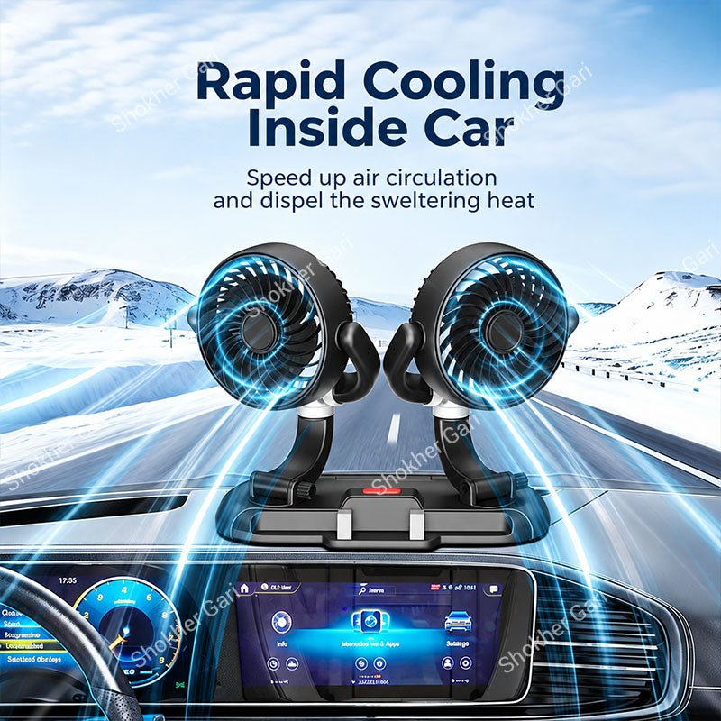 Car Dual Head USB Cooling Fan with Adjustable Phone Holder and 360° Rotatable Airflow Design
