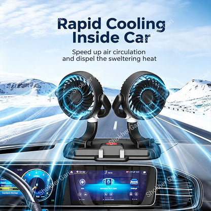 Car Dual Head USB Cooling Fan with Adjustable Phone Holder and 360° Rotatable Airflow Design