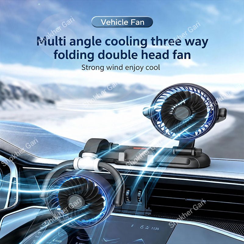 Car Dual Head USB Cooling Fan with Adjustable Phone Holder and 360° Rotatable Airflow Design
