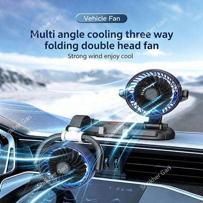 Car Dual Head USB Cooling Fan with Adjustable Phone Holder and 360° Rotatable Airflow Design