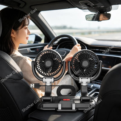 Car Dual Head USB Cooling Fan with Adjustable Phone Holder and 360° Rotatable Airflow Design