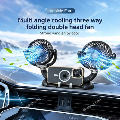 Car Dual Head USB Cooling Fan with Adjustable Phone Holder and 360° Rotatable Airflow Design