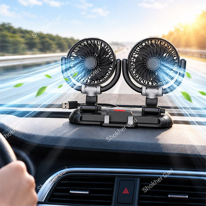 Car Dual Head USB Cooling Fan with Adjustable Phone Holder and 360° Rotatable Airflow Design
