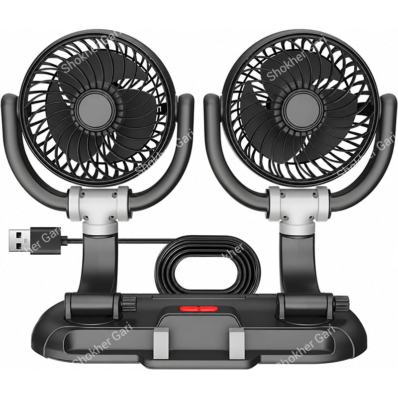 Car Dual Head USB Cooling Fan with Adjustable Phone Holder and 360° Rotatable Airflow Design
