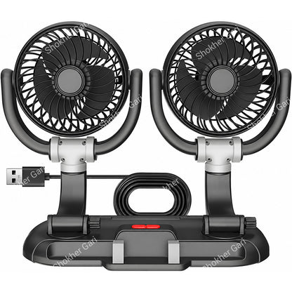 Car Dual Head USB Cooling Fan with Adjustable Phone Holder and 360° Rotatable Airflow Design