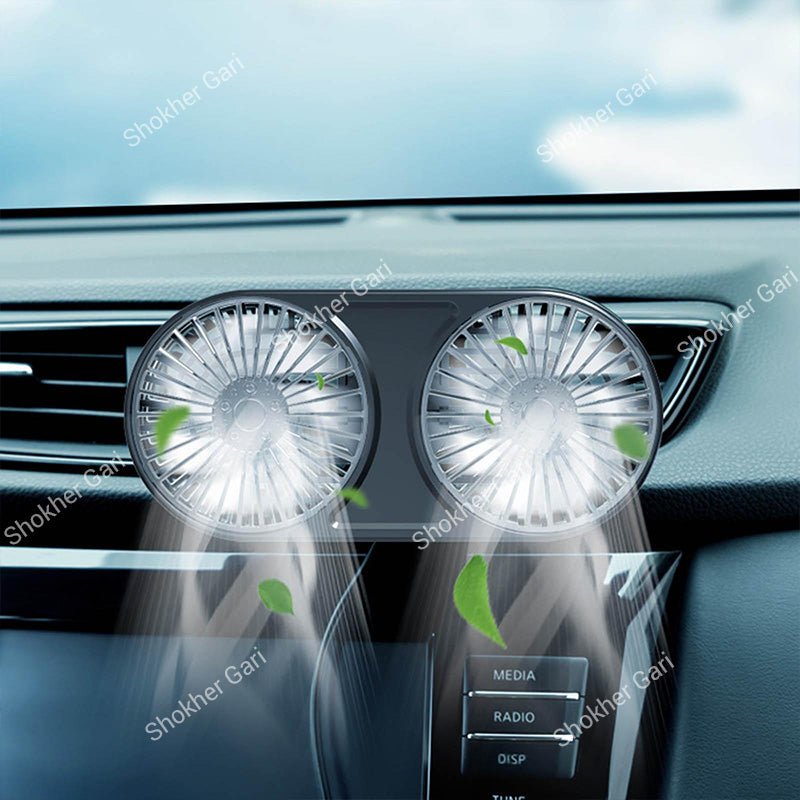 Car Dual Head USB Cooling Fan with Multi-Angle Adjustable Airflow for Dashboard and Air Vent