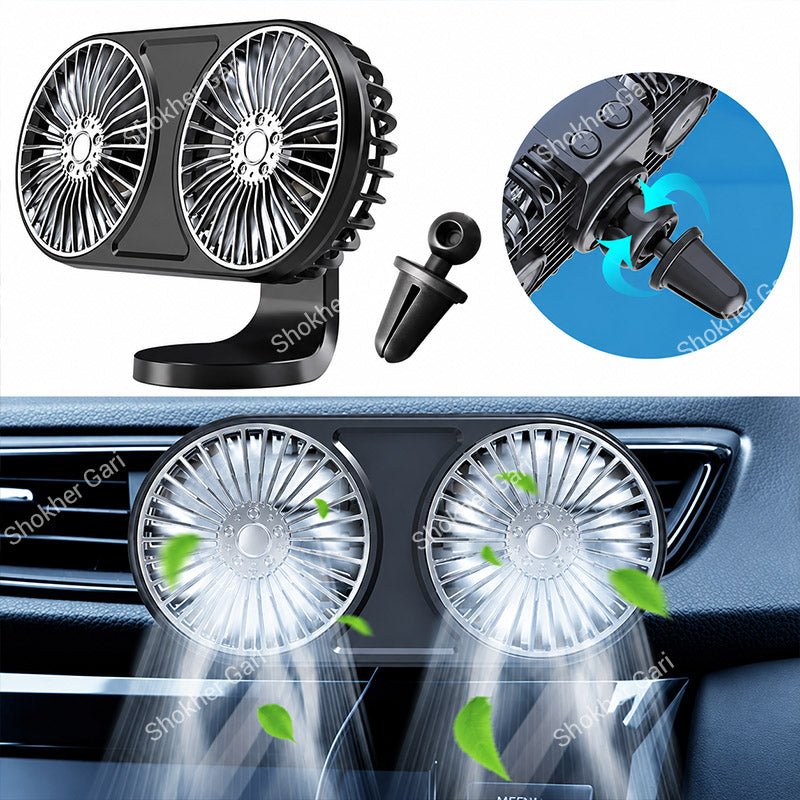 Car Dual Head USB Cooling Fan with Multi-Angle Adjustable Airflow for Dashboard and Air Vent
