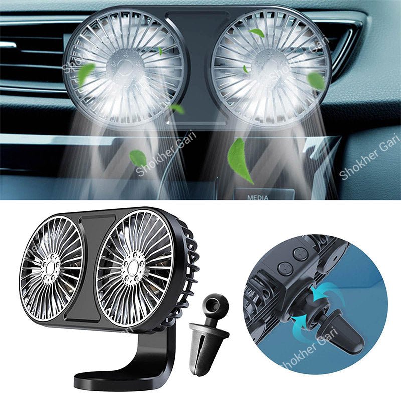 Car Dual Head USB Cooling Fan with Multi-Angle Adjustable Airflow for Dashboard and Air Vent