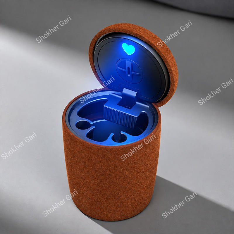 Car Cigarette Ashtray with Blue LED Light, Odor Sealing Lid and Compact Cup Holder Fit