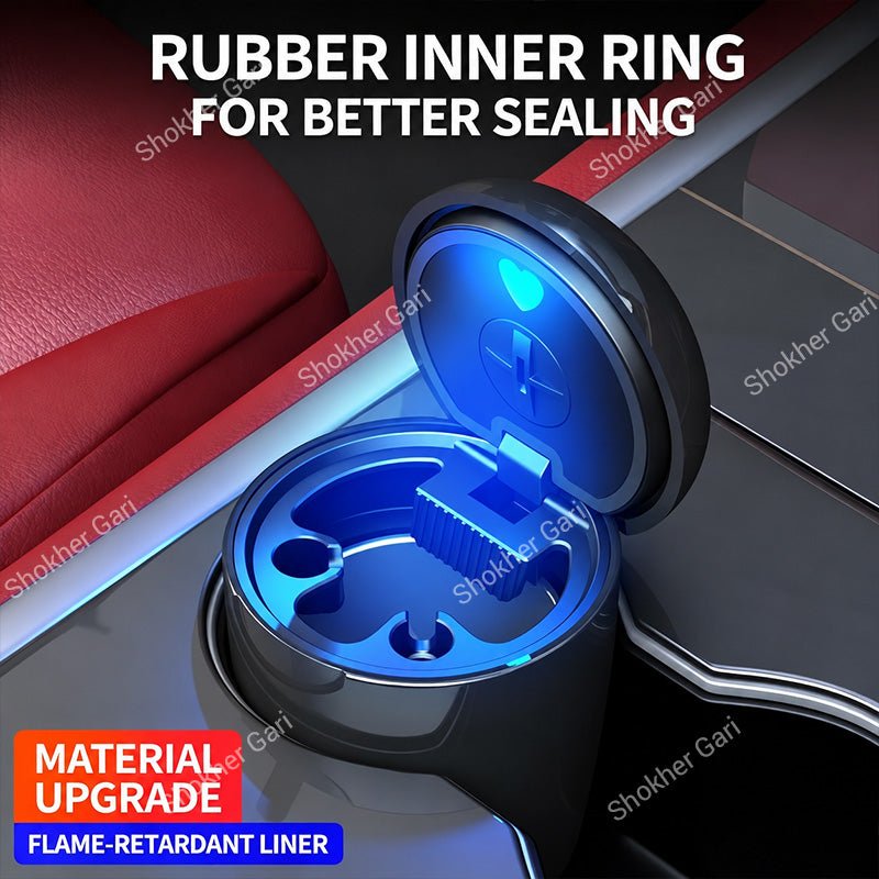 Car Cigarette Ashtray with Blue LED Light, Odor Sealing Lid and Compact Cup Holder Fit