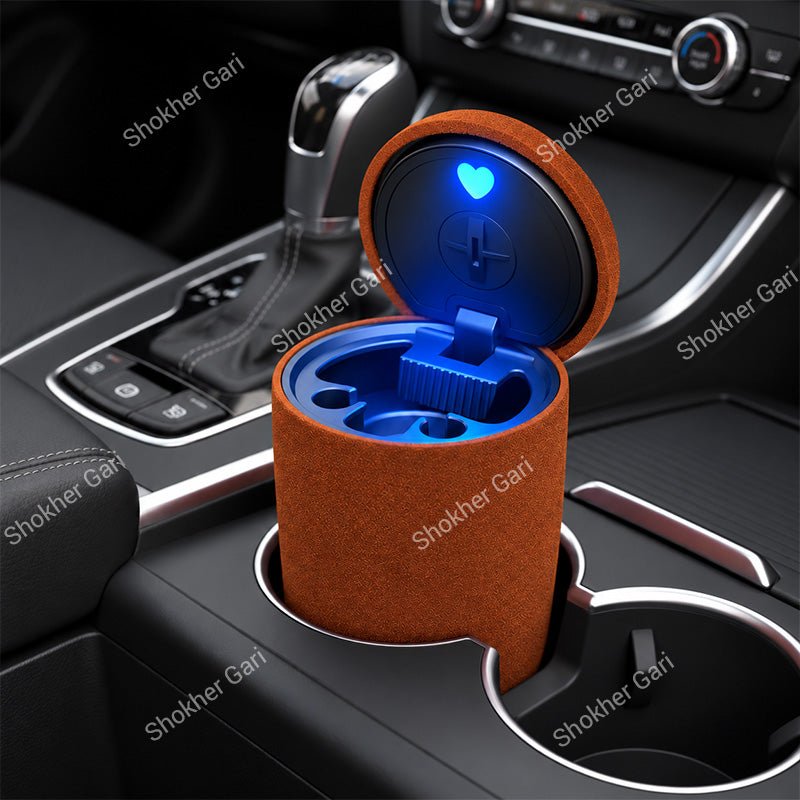 Car Cigarette Ashtray with Blue LED Light, Odor Sealing Lid and Compact Cup Holder Fit