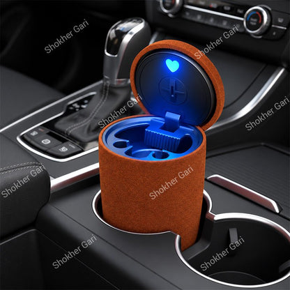 Car Cigarette Ashtray with Blue LED Light, Odor Sealing Lid and Compact Cup Holder Fit