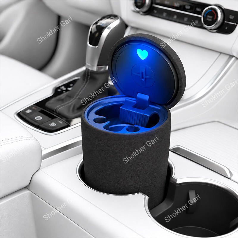 Car Cigarette Ashtray with Blue LED Light, Odor Sealing Lid and Compact Cup Holder Fit