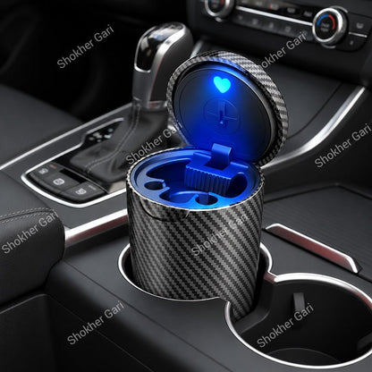 Car Cigarette Ashtray with Blue LED Light, Odor Sealing Lid and Compact Cup Holder Fit