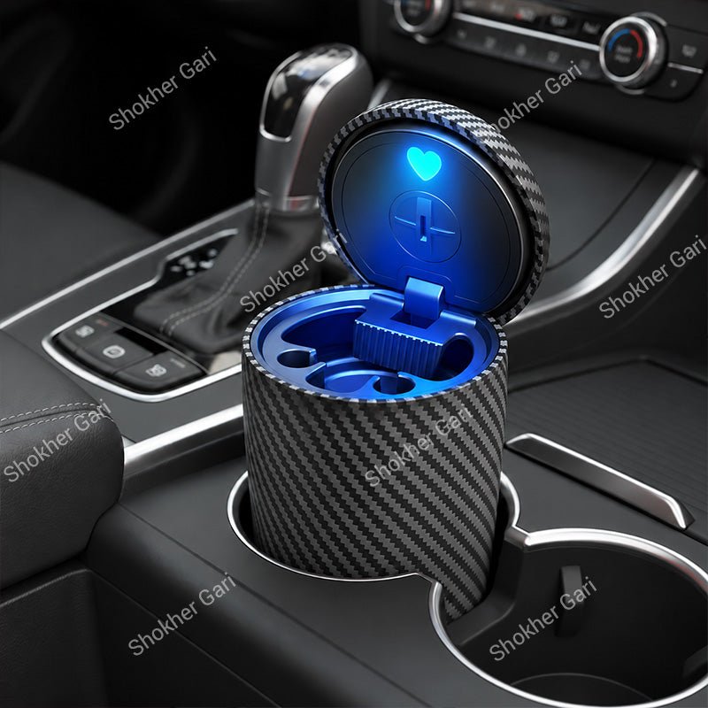 Car Cigarette Ashtray with Blue LED Light, Odor Sealing Lid and Compact Cup Holder Fit
