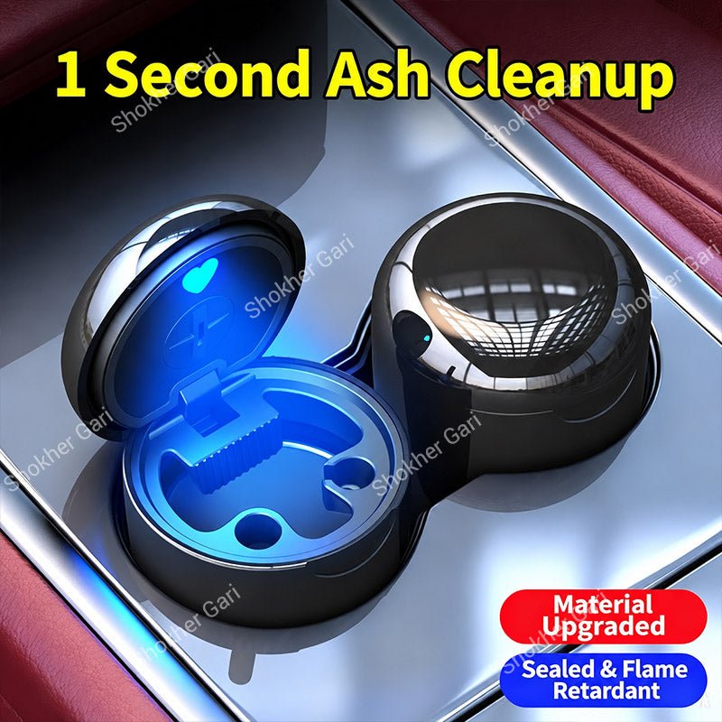 Car Cigarette Ashtray with Blue LED Light, Odor Sealing Lid and Compact Cup Holder Fit