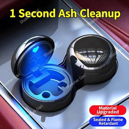 Car Cigarette Ashtray with Blue LED Light, Odor Sealing Lid and Compact Cup Holder Fit