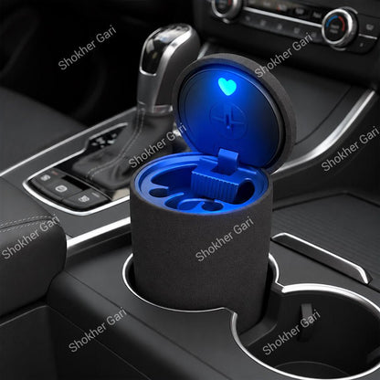 Car Cigarette Ashtray with Blue LED Light, Odor Sealing Lid and Compact Cup Holder Fit