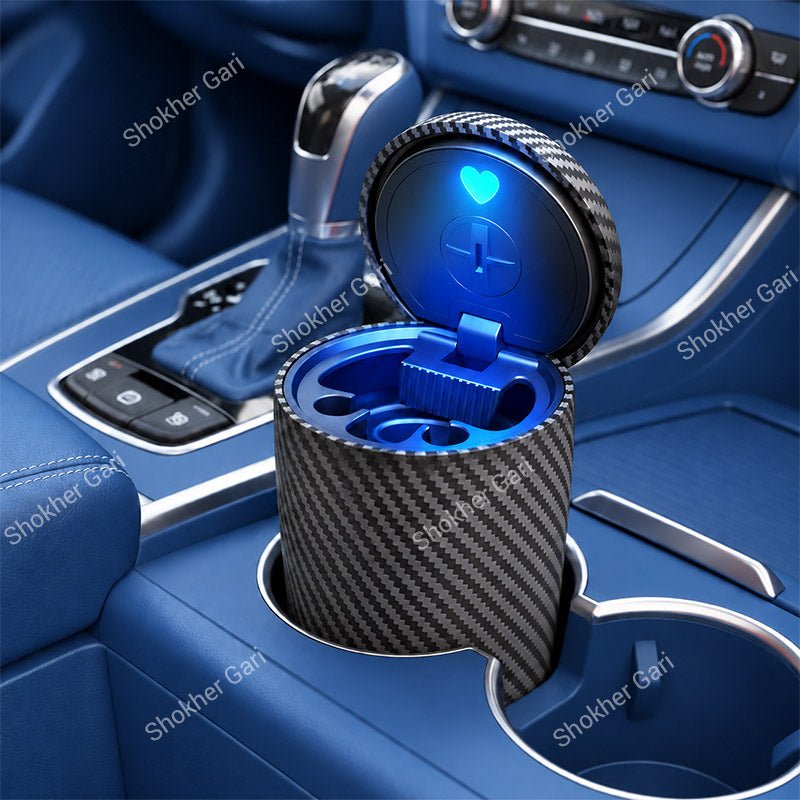 Car Cigarette Ashtray with Blue LED Light, Odor Sealing Lid and Compact Cup Holder Fit