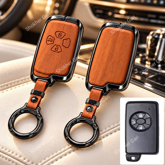 M/Y Car Premium Wood Grain Smart Key Remote Cover with Luxury Metal Keychain