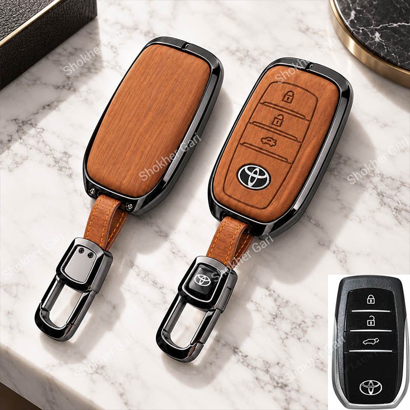 M/Y Car Premium Wood Grain Smart Key Remote Cover with Luxury Metal Keychain