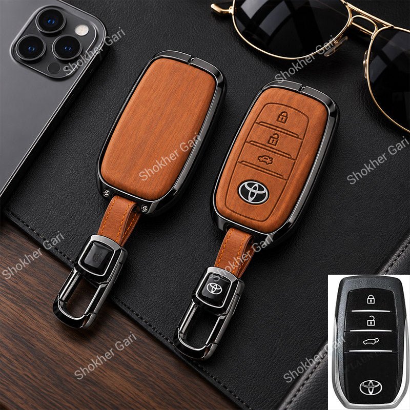 M/Y Car Premium Wood Grain Smart Key Remote Cover with Luxury Metal Keychain