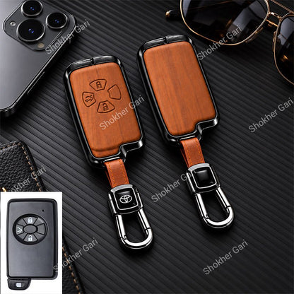 M/Y Car Premium Wood Grain Smart Key Remote Cover with Luxury Metal Keychain