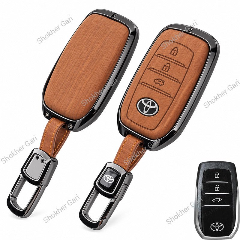 M/Y Car Premium Wood Grain Smart Key Remote Cover with Luxury Metal Keychain