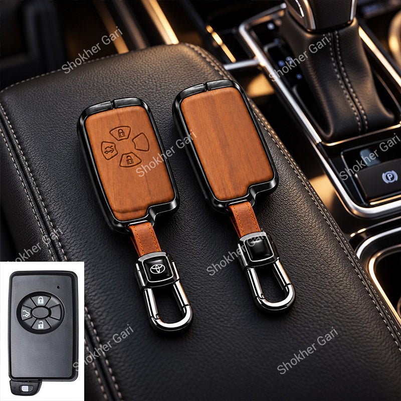 M/Y Car Premium Wood Grain Smart Key Remote Cover with Luxury Metal Keychain