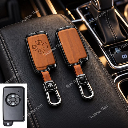 M/Y Car Premium Wood Grain Smart Key Remote Cover with Luxury Metal Keychain