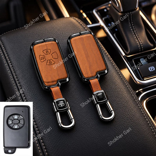 M/Y Car Premium Wood Grain Smart Key Remote Cover with Luxury Metal Keychain