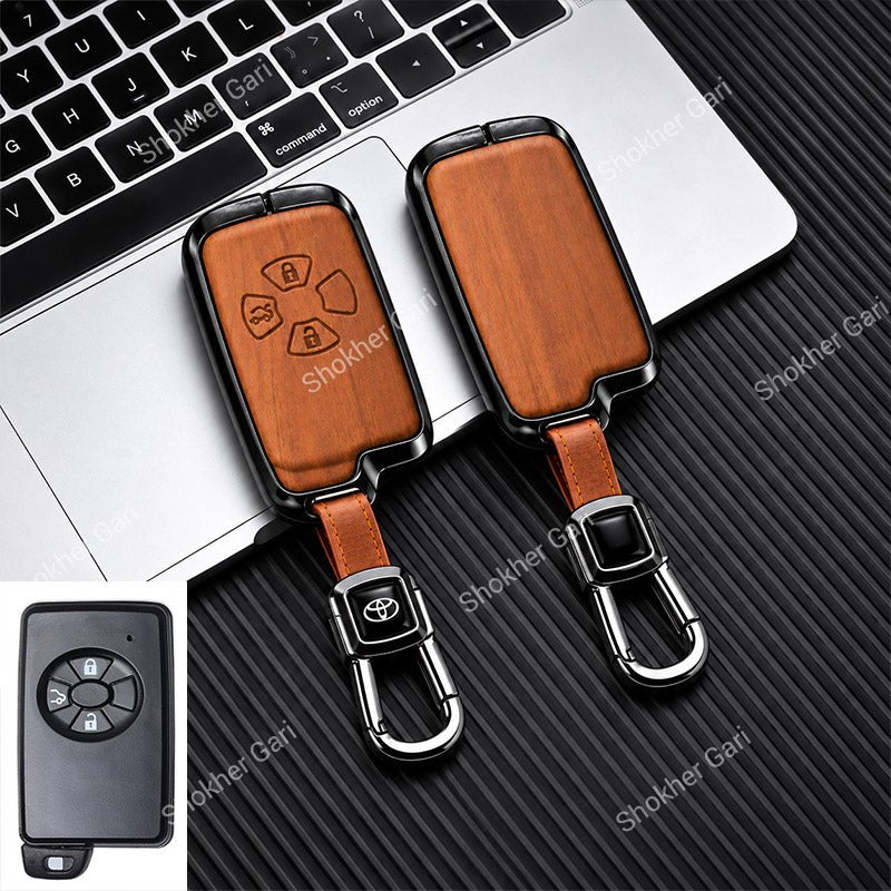 M/Y Car Premium Wood Grain Smart Key Remote Cover with Luxury Metal Keychain