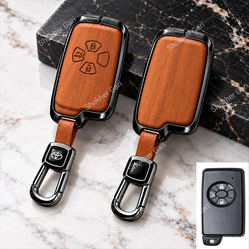 M/Y Car Premium Wood Grain Smart Key Remote Cover with Luxury Metal Keychain