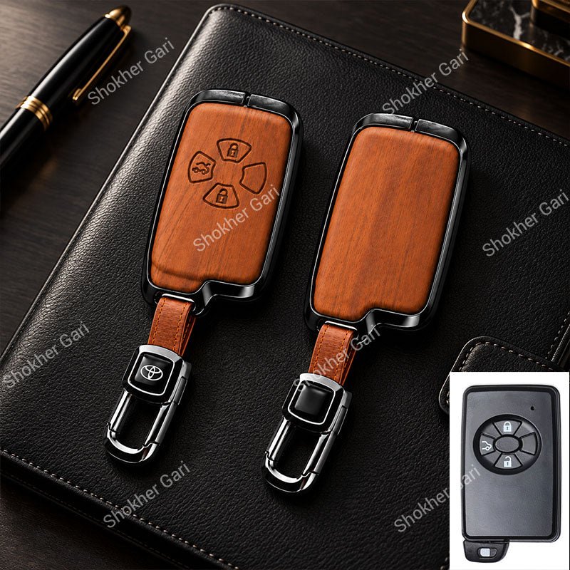 M/Y Car Premium Wood Grain Smart Key Remote Cover with Luxury Metal Keychain